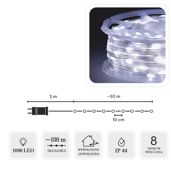 LAMPKI LED MICRO NA SZPULI 1000L ZIMNY BIAŁY, DŁ. 3 + 100 M *8561