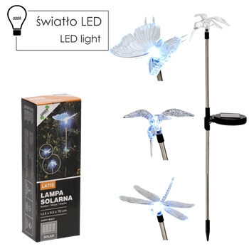 LAMPA SOLARNA LATIS 12,5 x 9,5 x 70 CM SREBRNA KOLIBER / MOTYL / WAŻKA ZIMNY BIAŁY *4344