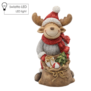 FIGURKA BOŻONAR. - RENIFER Z WORKIEM Z PREZENTAMI 30 X 20 X 43 CM LED *0905