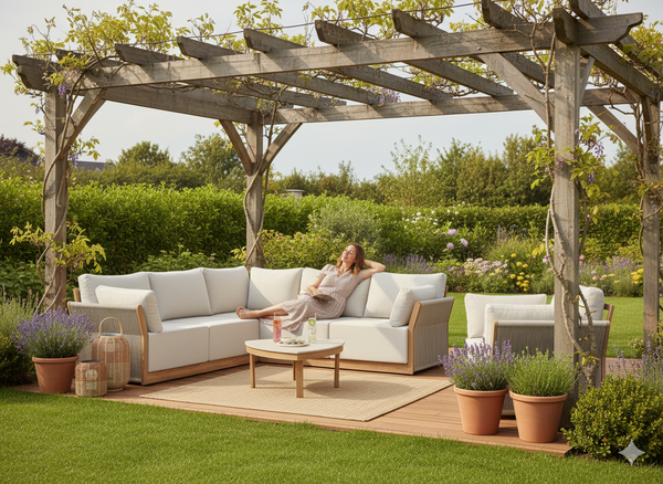 ZESTAW MEBLI OGRODOWYCH ALUMINIOWYCH (SOFA NAROŻNA + STÓŁ + FOTEL) BEŻOWY + BEŻOWE PODUSZKI