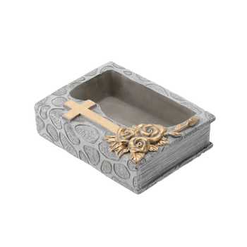VAS CIMITIR CIMENT - CARTE CU CRUCE GRI - AURIE 22 X 16,5 X 7,5 CM *8882