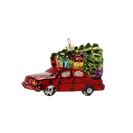 GLASS ORNAMENT - RED CAR WITH CHRISTMAS TREE 12.3 X 4.8 X 7 CM
