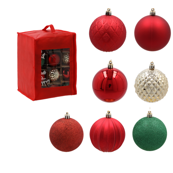 SET OF 36 CHRISTMAS BAUBLES RED, GOLD, SILVER 8 CM IN RED BAG