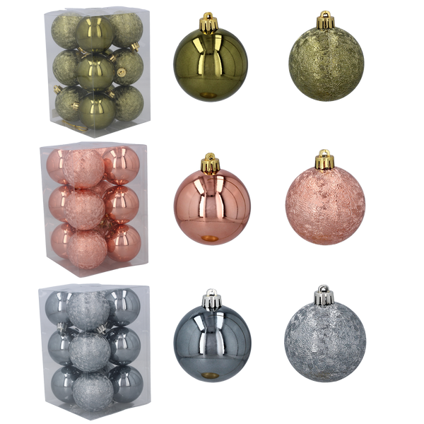 SET OF 12 BAUBLES 6 CM OLIVE/COPPER/GRAPHITE