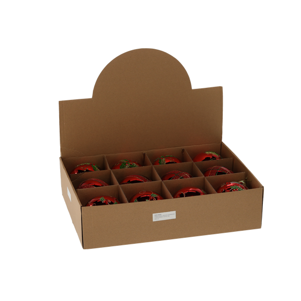 BOMBKA SZKLANA - CZERWONA Z OSTROKRZEWEM 10 CM MIX WZORÓW disp=6szt *4495