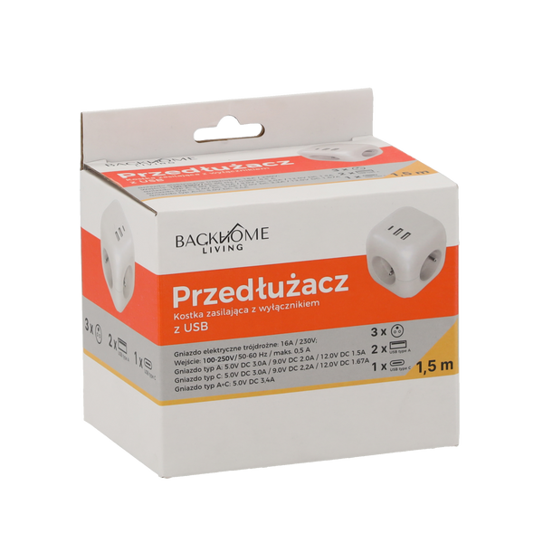 PREDĹŽENIE KOCKA ZDROJOVÁ 3 ZÁSUVKY 230V A 3 ZÁSUVKY USB 1,5 M BIELA *2578
