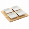 SADA NA SERVÍROVANIE PREDKRMOv - 4 ŠTVORCOVÉ PORCELÁNOVÉ MISKY S BAMBUSOVOU DOSKOU 22x22x3,5CM *7279