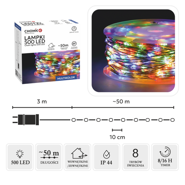 LAMPKI LED DRUCIKI NA SZPULI 500L MULTIKOLOR, DŁ. 3 + 50 M *8547