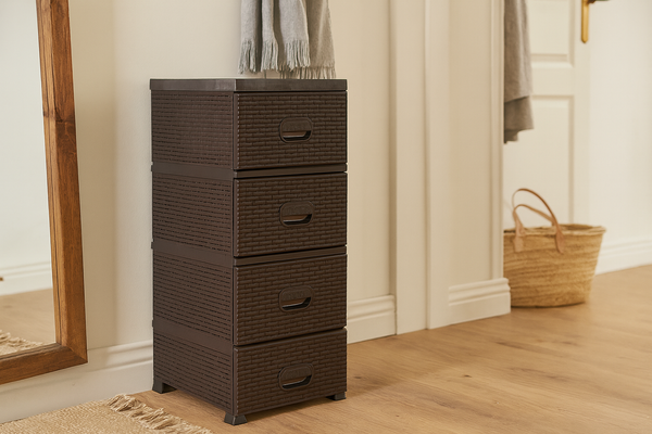 KOMODA PLASTIKOWA Z 4 SZUFLADAMI BRĄZOWA 38 x 45 x 90 cm RATTAN *9436