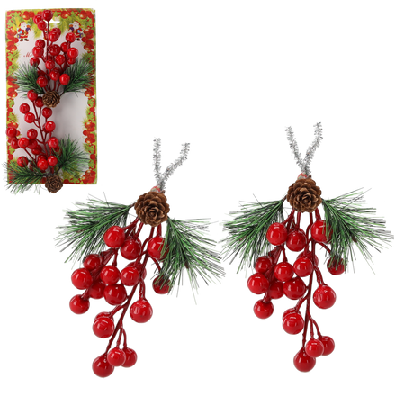 SET OF 2 DECORATIVE BRANCHES 11 X 15 CM WITH MOUNTAIN ASH AND CONES 