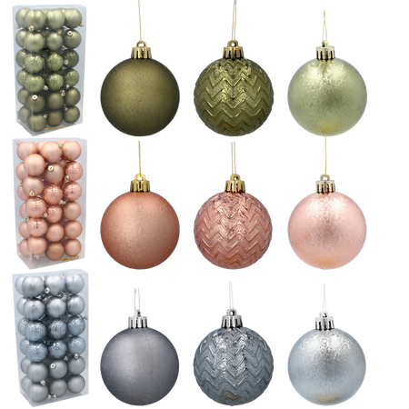 SET OF 36 BAUBLES 6 CM OLIVE/COPPER/GRAPHITE MIX DESIGNS