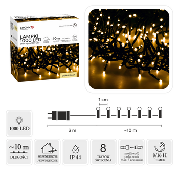 LED CLUSTER SVETLÁ 1000L TEPLÁ BIELA, DĹ. 3 + 10 M VNÚTRA/EXTERIÉR *8202