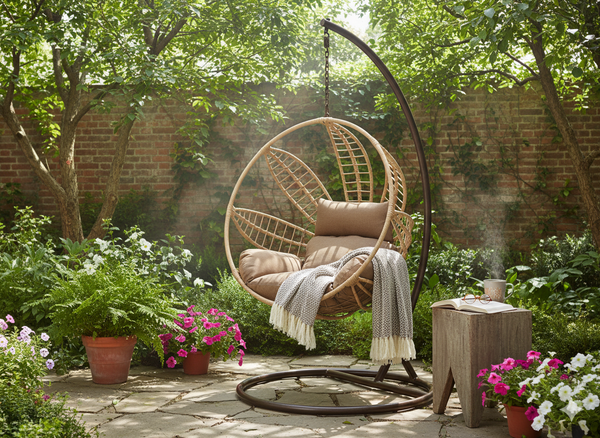 FOTEL WISZĄCY SOBRE - NATURALNY, SZARA PODUSZKA, BRĄZOWA RAMA