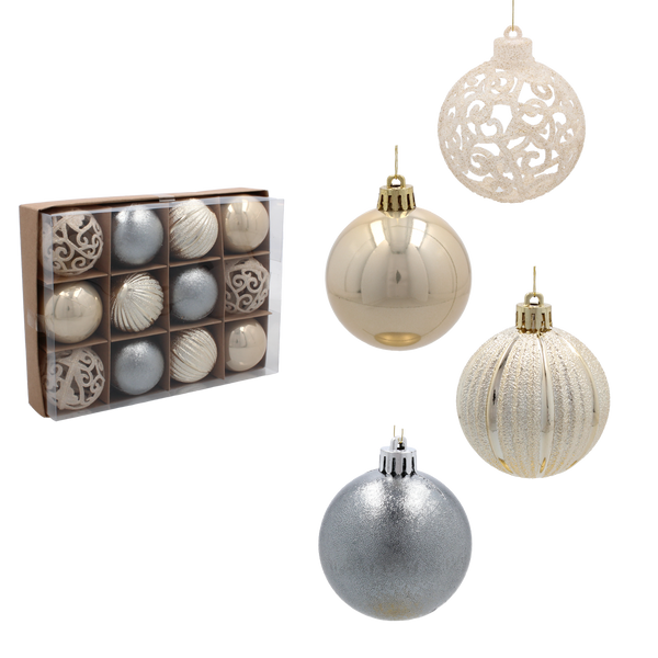 SET OF 12 ORNAMENTS 6 CM CHAMPAGNE/GRAY/WHITE