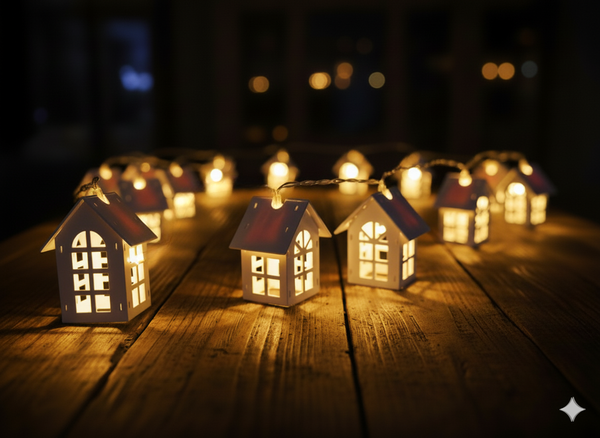 LED LIGHT CHAIN - WHITE WOODEN HOUSES 10 L BATTERY-POWERED