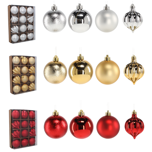SET OF 12 BAUBLES 6 CM RED/GOLD/SILVER