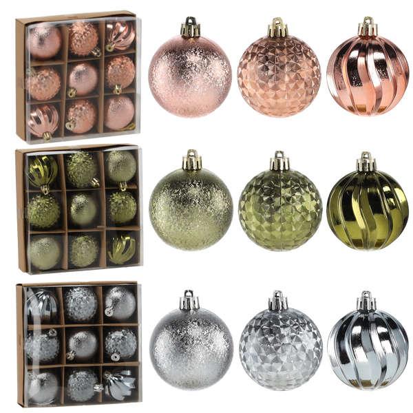 SET OF 9 BAUBLES 6 CM OLIVE/COPPER/GRAPHITE