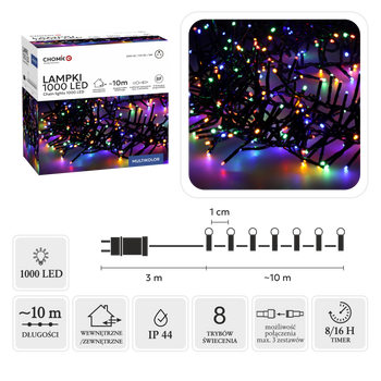LAMPKI LED CLUSTER 1000L MULTIKOLOR, DŁ. 3 + 10 M WEWN/ZEWN *8226