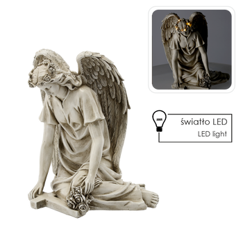 FIGURA ANIOŁ SIEDZĄCY Z KRZYŻEM LED - BEŻOWA 34 X 26,5 X 38 CM *8721