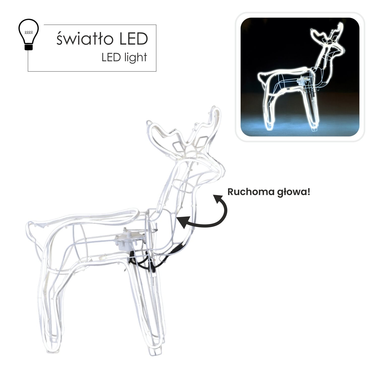 ŚWIĄTECZNY RENIFER Z RUCHOMĄ GŁOWĄ NEON LED 64 x 22 x 70 CM ZIMNY BIAŁY WEWN/ZEWN *8370