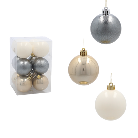 SET OF 12 BAUBLES 6 CM CHAMPAGNE/GRAY/WHITE