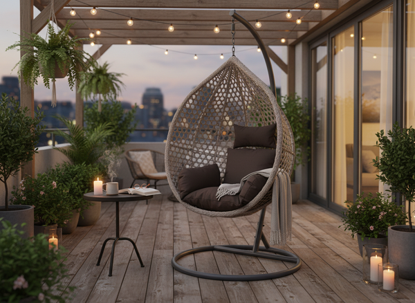 FOTEL WISZĄCY SZARY, PODUSZKA - SZARA, RAMA - CIEMNOSZARA 107 x 68 x 120 CM 