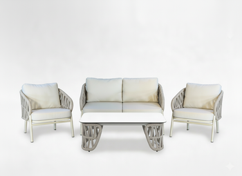 ZESTAW MEBLI ALUMINIOWYCH ( SOFA + 2 FOTELE + STOLIK ) BEŻOWE + BEŻOWE PODUSZKI