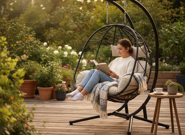 FOTEL WISZĄCY PODWÓJNY SKŁADANY LUVO CZARNY, PODUSZKA - JASNY SZARY, RAMA - CZARNA