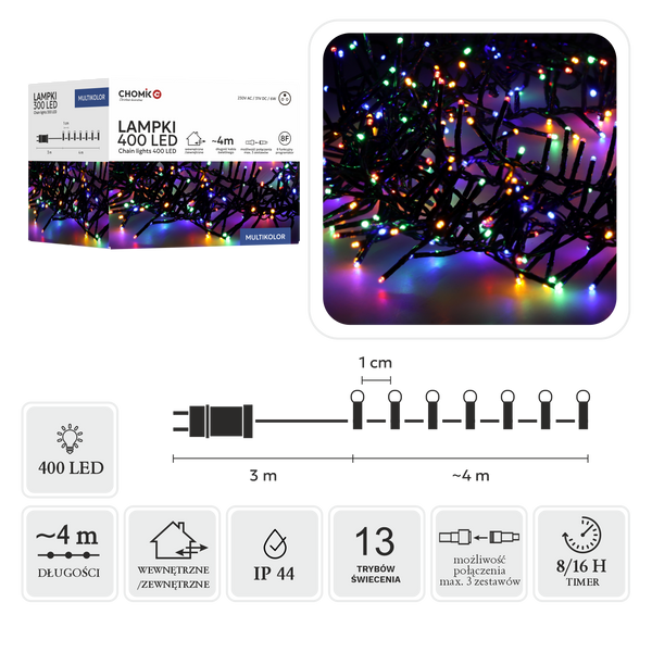 LED CLUSTER SVĚTLA 400L MULTIKOLOR, DÉLKA 3 + 4 M VNITŘ/VEN *8165