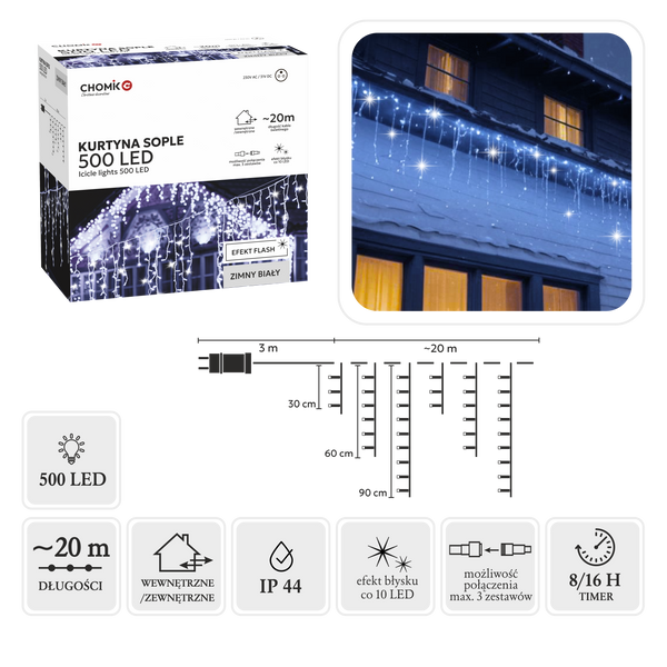 KURTYNA SOPLE 500L ZIMNY BIAŁY + ZIMNY FLASH, DŁ. 3 + 20 M *9898