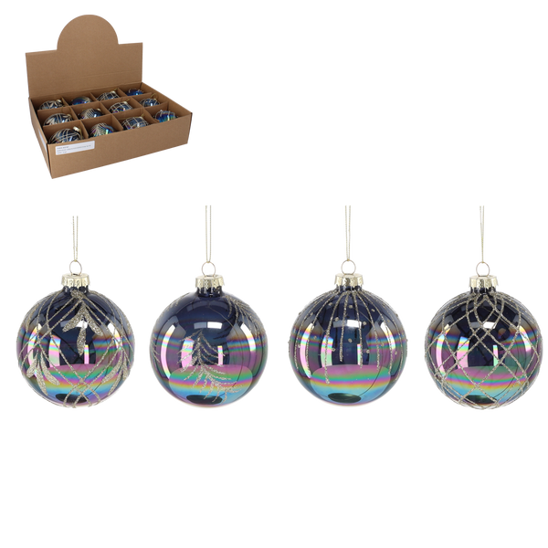 SKLENĚNÁ BAUBLE - ČERNÝ LESK MIX VZORŮ 8 CM disp=12ks *1907