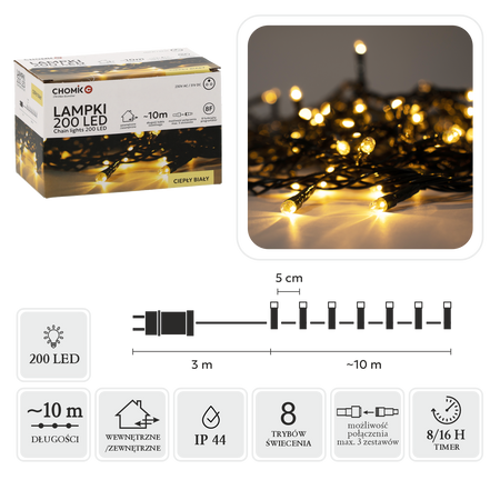 LED ŽIAROVKY 200L TEPLÁ BIELA, DĹŽKA 3 + 10 M VNÚTORNÁ/EXTERIÉROVÁ *9447