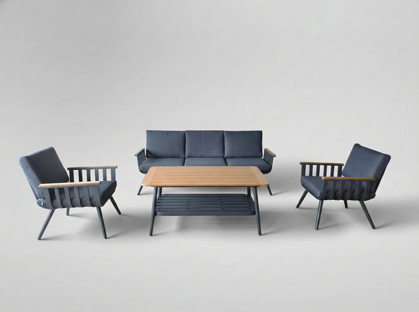 ZESTAW MEBLI ALUMINIOWYCH (3 OS. SOFA + 2 FOTELE + STOLIK) SZARY + SZARE PODUSZKI *9415