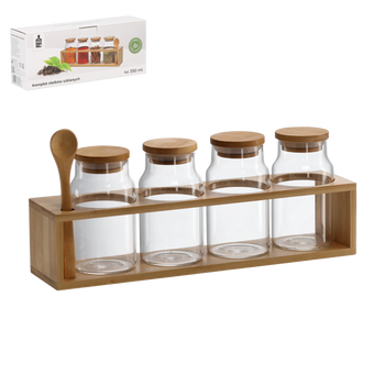 SET OF 4 GLASS JARS 400 ML WITH WOODEN STAND AND LID