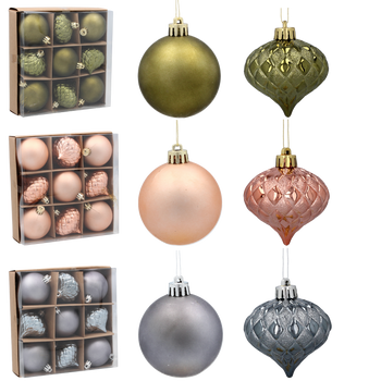 SET OF 9 BAUBLES 6 CM OLIVE/COPPER/GRAPHITE MIX DESIGNS