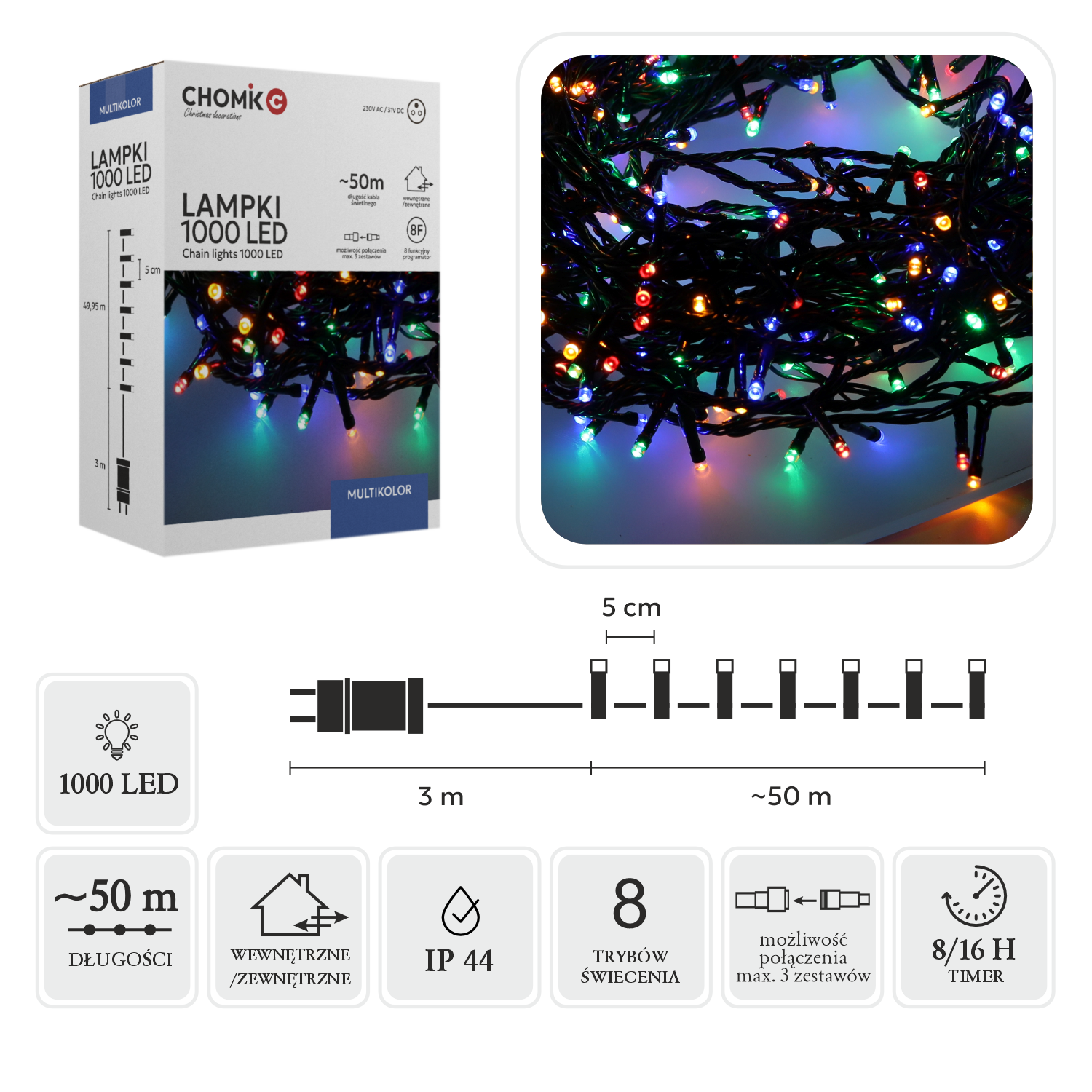 LAMPKI LED 1000L MULTIKOLOR DŁ. 3 + 50 M WEWN/ZEWN *8448