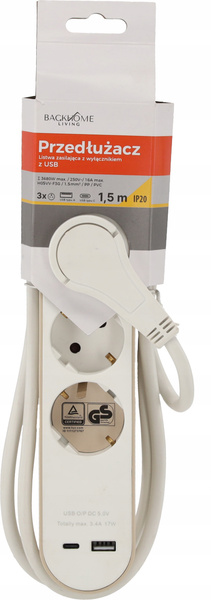Prelungitor cu întrerupător 3 prize 230V și 2 prize USB 1,5 m alb *2585