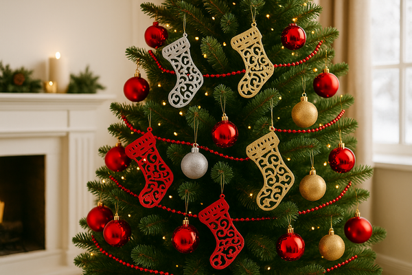 SET OF 12 CHRISTMAS DECORATIONS - HOLLOW BOOTS 10 CM RED/GOLD/SILVER