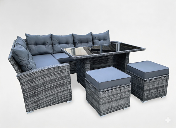 ZESTAW MEBLI OGRODOWYCH (SOFA NAROŻNA, 2 PUFY, STOLIK) - SZARY, PODUSZKI - SZARY