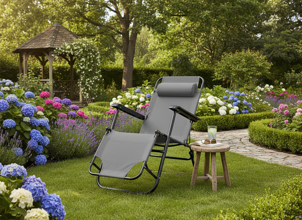 LEŻAK OGRODOWY SKŁADANY Z ZAGŁÓWKIEM SZARY