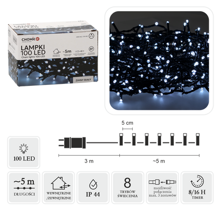 LAMPKI LED 100L ZIMNY BIAŁY DŁ. 3 + 5 M WEWN/ZEWN *9423