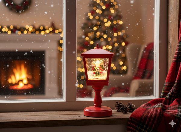 MINI CHRISTMAS LANTERN WITH SNOWMAN 13.5 X 13.5 X 31.5 CM - RED - LED, MUSIC