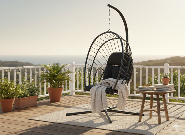 FOTEL WISZĄCY SKŁADANY ERIS CZARNY, PODUSZKA - CZARNA, RAMA - CZARNA