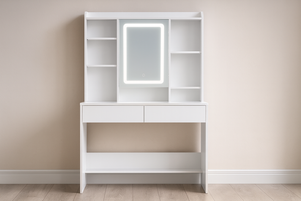 WHITE DRESSING TABLE WITH LED MIRROR AND 2 DRAWERS AND JEWELRY HOOKS