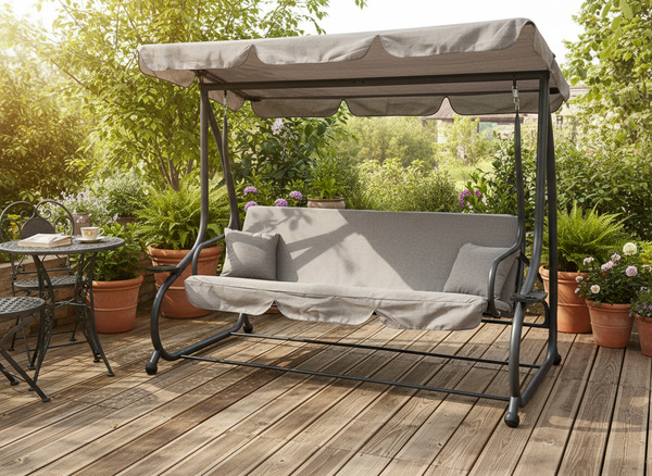 HUŚTAWKA OGRODOWA 210 x 120 x 170 cm SZARY MELANŻ Z FUNKCJĄ LEŻANKI