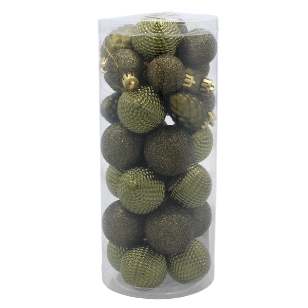 SET OF 31 BAUBLES 3-4.5 CM OLIVE/COPPER/GRAPHITE MIX DESIGNS