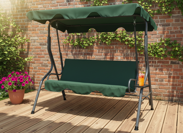 HUŚTAWKA OGRODOWA 170 x 110 x 153 CM CIEMNA ZIELEŃ BEZ POD. Z PODSTAWKAMI NA KUBEK