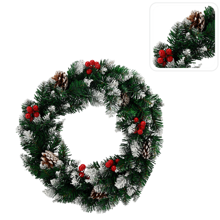 CHRISTMAS DECORATION -  SNOWED WREATH 40 CM WITH ROWAN BERRIES AND CONES
