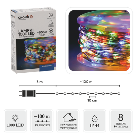 LAMPKI LED DRUCIKI NA SZPULI 1000L MULTIKOLOR, DŁ. 3 + 100 M *0108