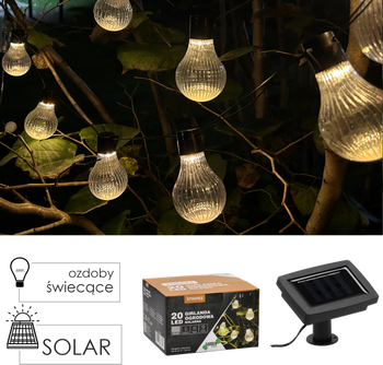 SOLAR GARDEN GARLAND LENGTH 2 + 3.8 M STRIPES 20 LED WARM WHITE